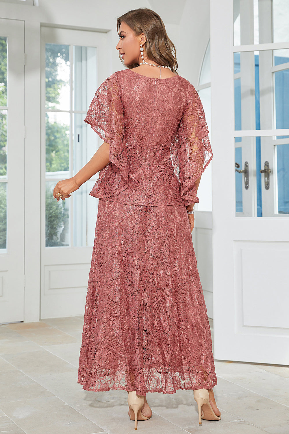 Elegant A Line Round Neck Floor Length Lace Dusty Rose Evening Dress Mother of the Bride Dresses