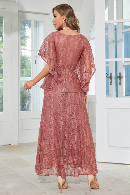 Elegant A Line Round Neck Floor Length Lace Dusty Rose Evening Dress Mother of the Bride Dresses