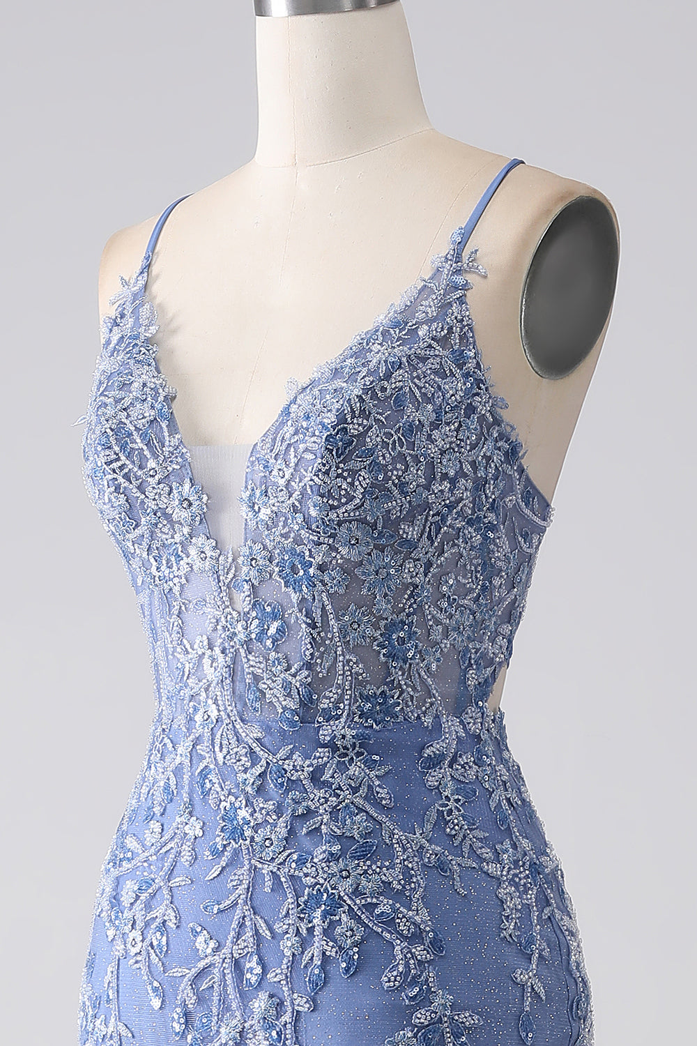 Grey Blue Mermaid Spaghetti Strap Beaded Backless Long Prom Dress With Appliques V-neck