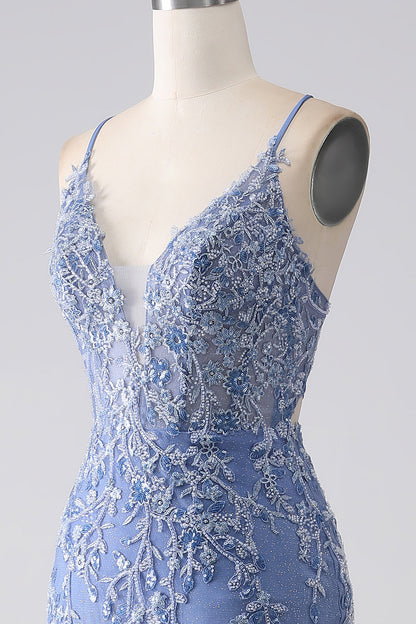 Grey Blue Mermaid Spaghetti Strap Beaded Backless Long Prom Dress With Appliques V-neck