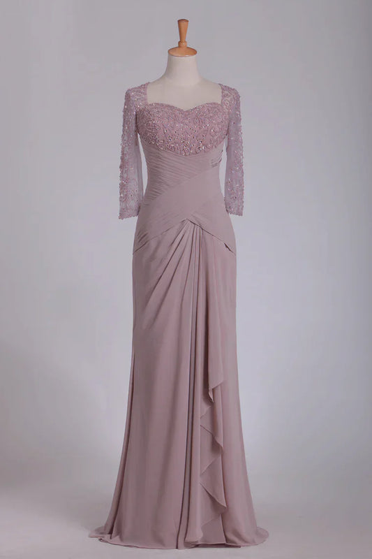 Beaded Ruched 3/4 Length Sleeves Sheath Chiffon Mother Of The Bride Dresses