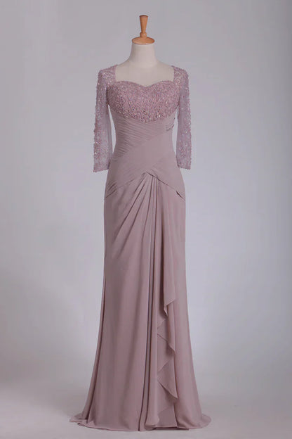 Beaded Ruched 3/4 Length Sleeves Sheath Chiffon Mother Of The Bride Dresses