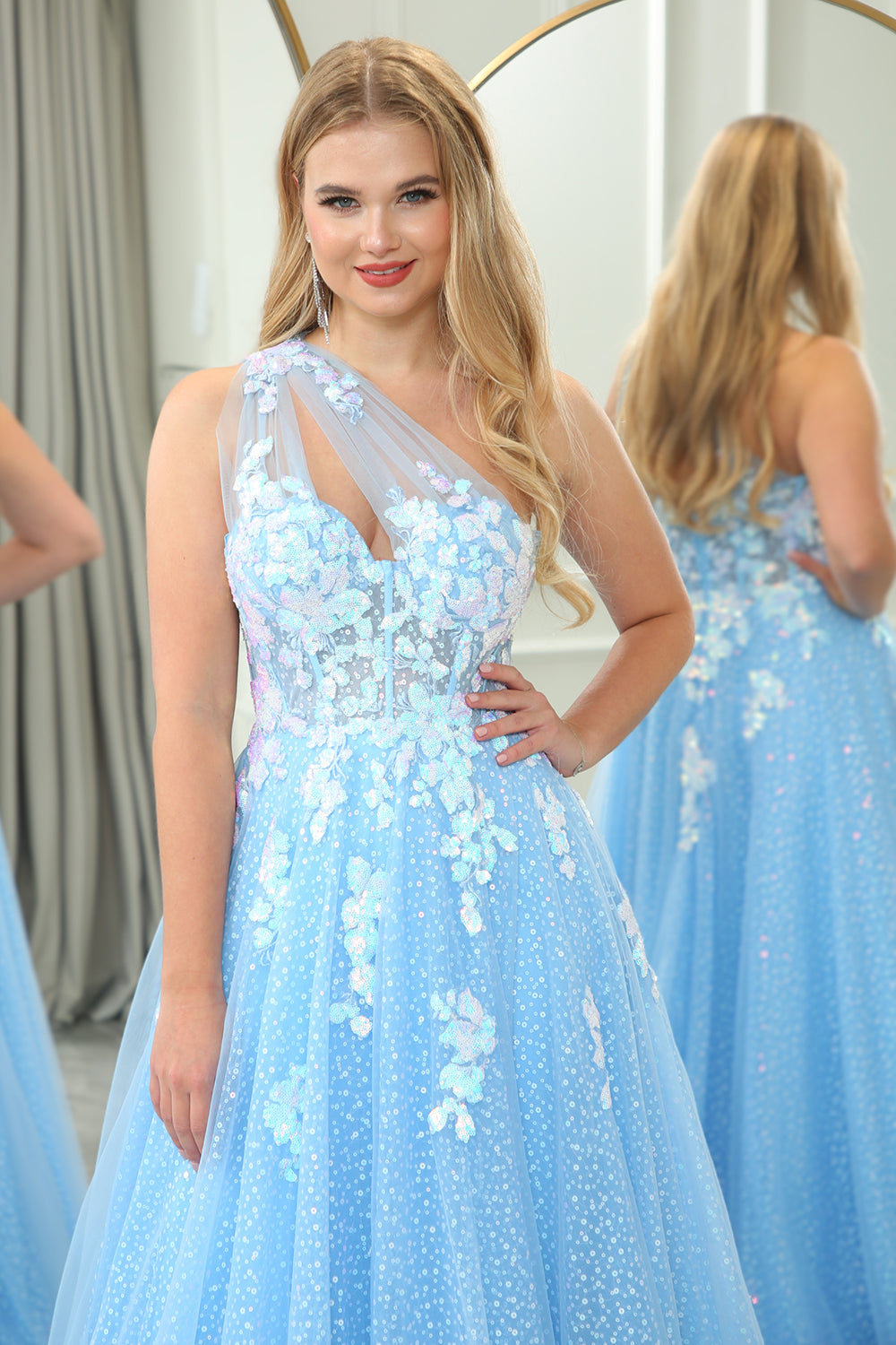 Light Blue A Line One Shoulder Sparkly Sequin Tulle Prom Dress With Appliques Beautiful