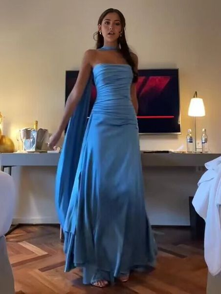 Simple A line Spaghetti Straps Blue Satin Prom Dresses Birthday Outfits P2450