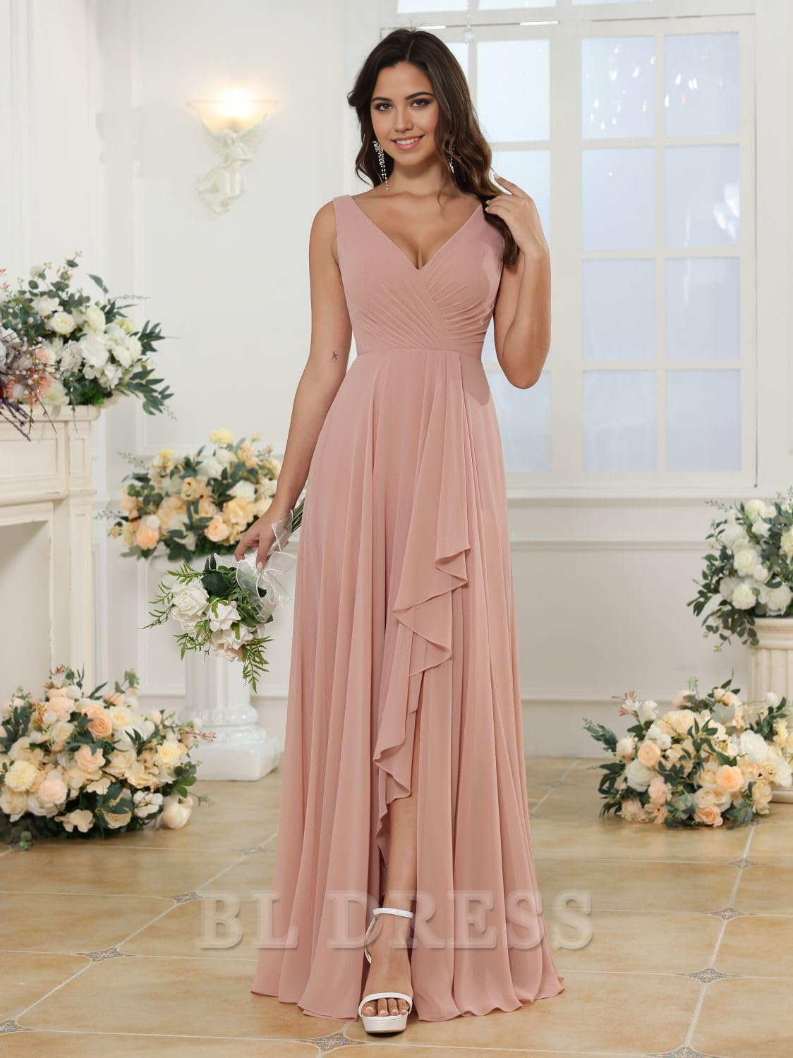A-line V Neck Slit Chiffon formal dresses Bridesmaid Dresses evening gown Prom Dress with Pockets