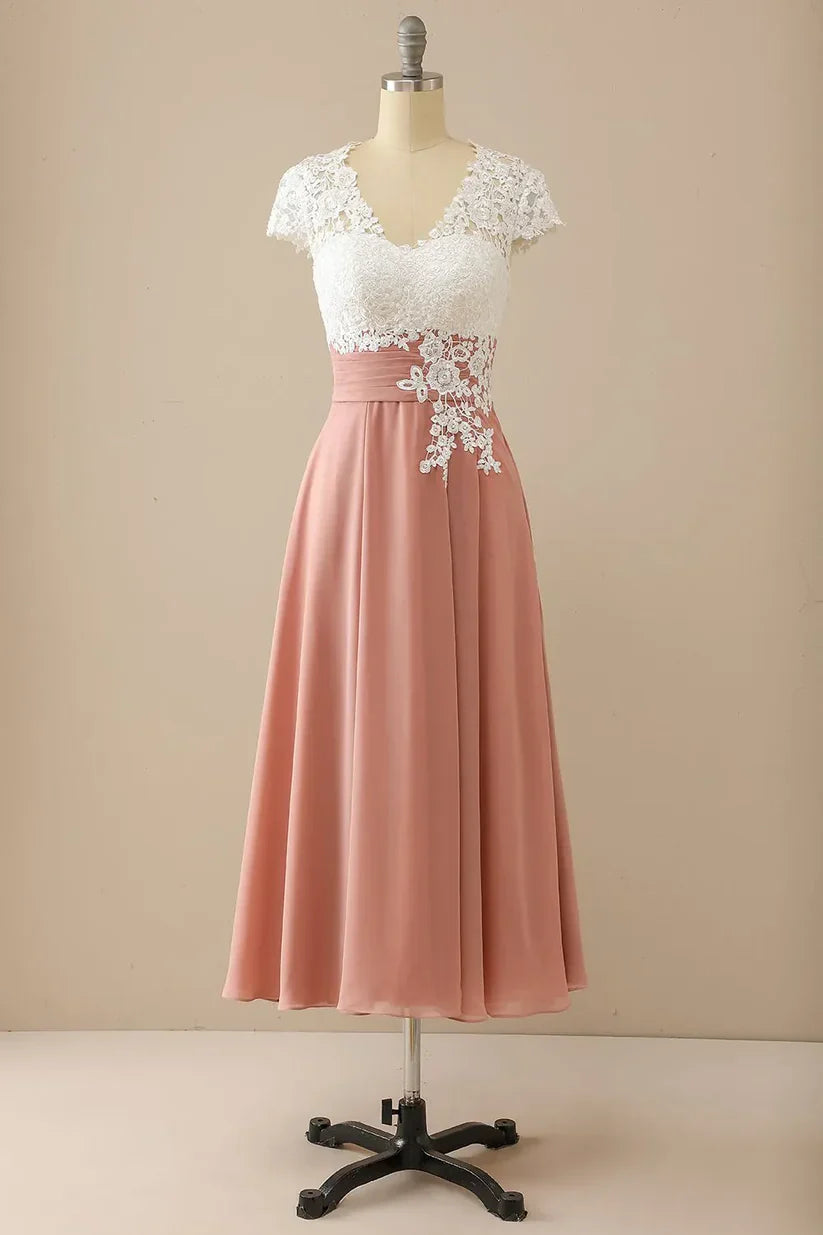 A-line V Neck Appliques Short Sleeves Mother of Bride Dress