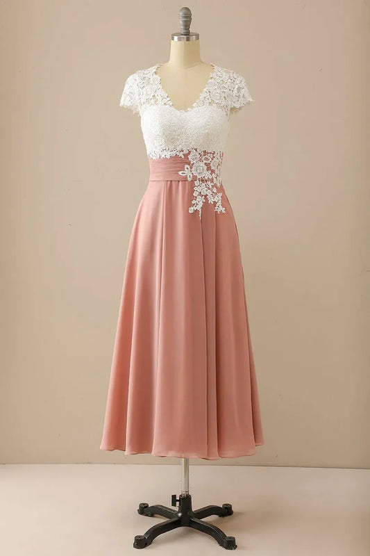 A-line V Neck Appliques Short Sleeves Mother of Bride Dress