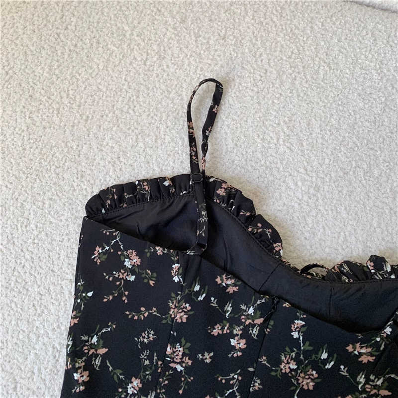New Fashion Floral Design A-line Black High-waist Sleeveless Spaghetti Strap Dress HZ1024