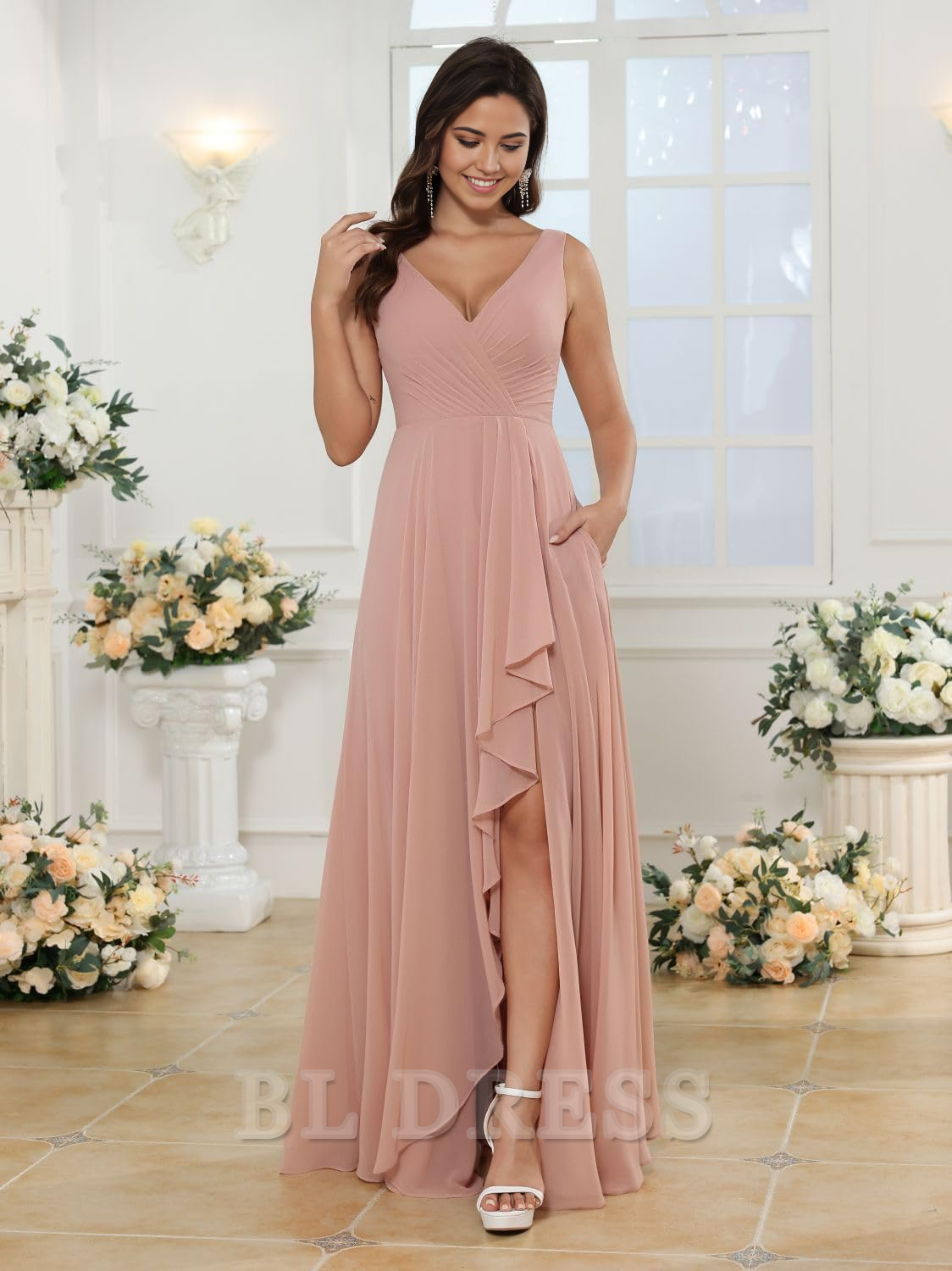 A-line V Neck Slit Chiffon formal dresses Bridesmaid Dresses evening gown Prom Dress with Pockets