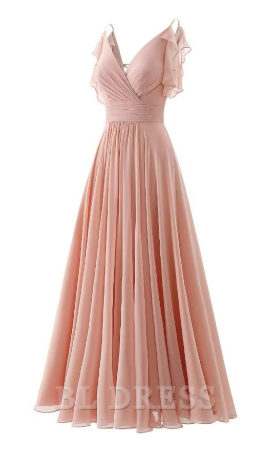 A-line V Neck Ruffle Chiffon Spaghetti Straps formal dresses Bridesmaid Dresses evening gown Prom Dress