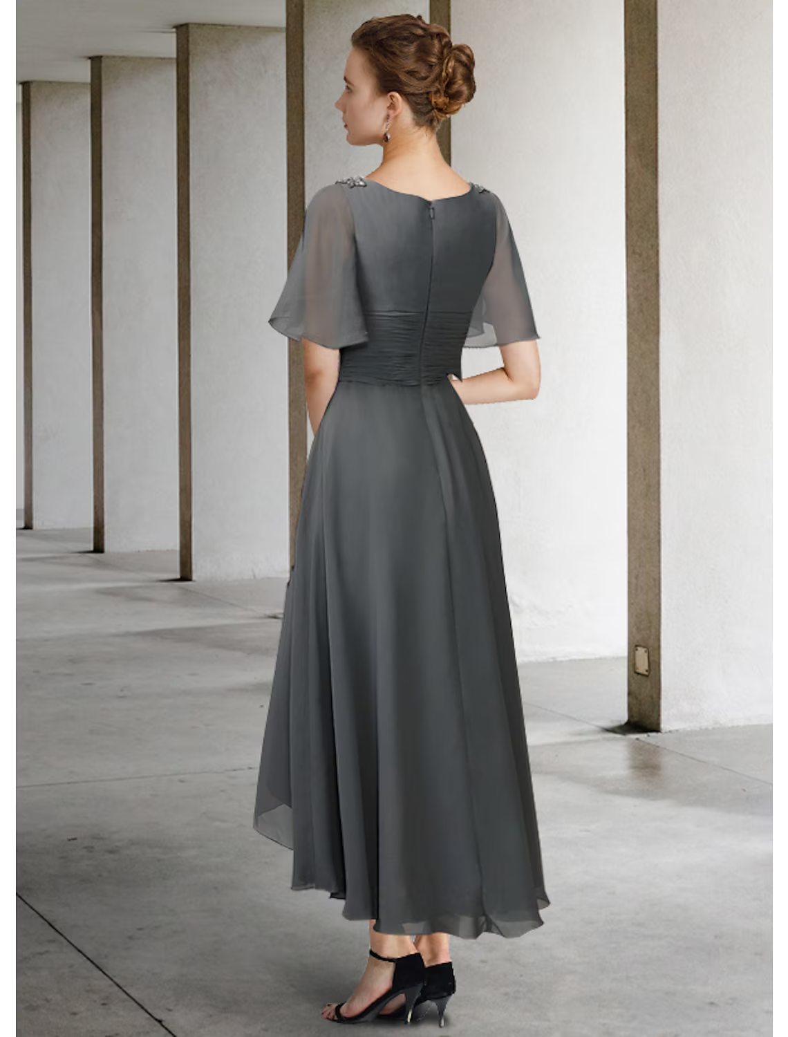 A-Line Mother of the Bride Dress Elegant High Low V Neck Asymmetrical Chiffon Short Sleeve with Pleats Ruching