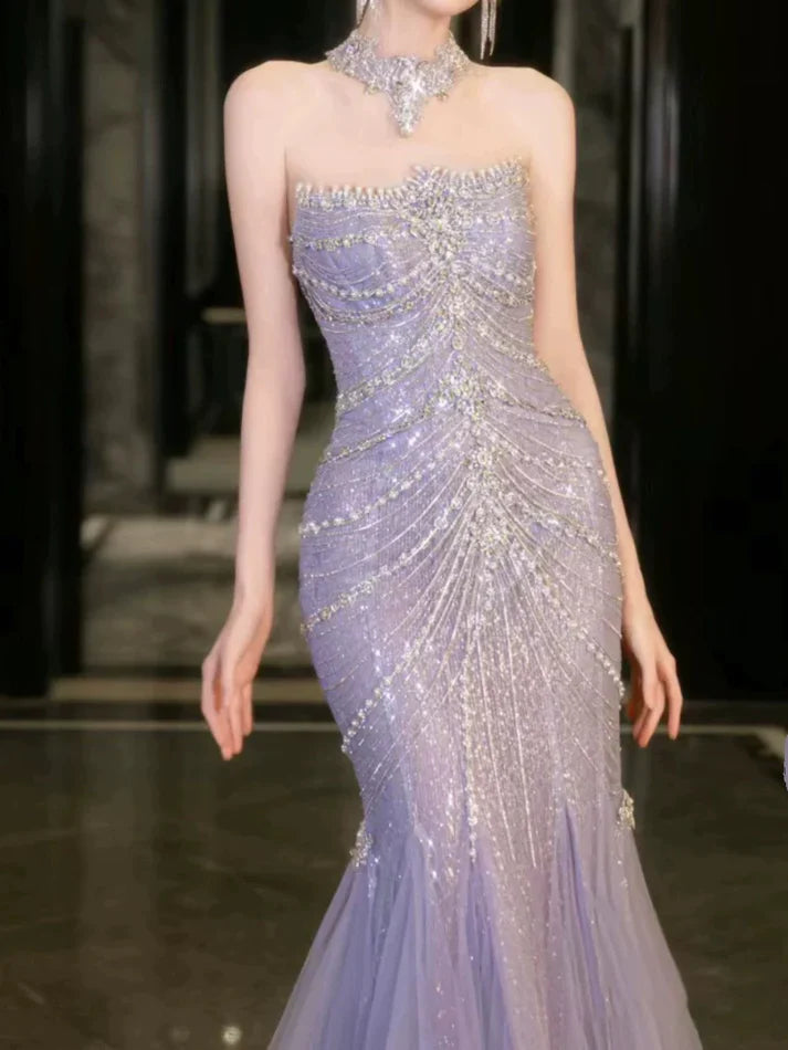 Blue gorgeous shiny beautiful off-shoulder exquisite beading long tulle mermaid slim fishtail skirt ball gown formal evening gown wedding dress gh3559