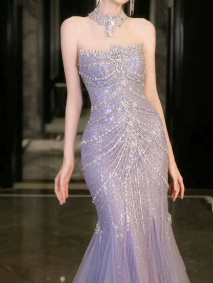 Blue gorgeous shiny beautiful off-shoulder exquisite beading long tulle mermaid slim fishtail skirt ball gown formal evening gown wedding dress gh3559