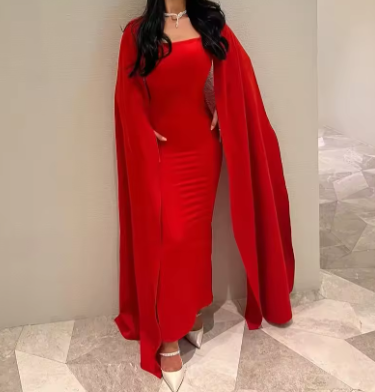 Red Satin Mermaid Evening Dress Saudi Arabia Prom Dresses  cc695