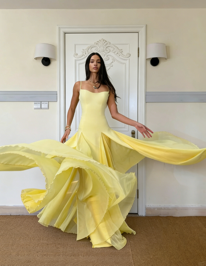 Yellow Simple A Line Woman Party Dresses Spaghetti Straps Chiffon Prom Outfits