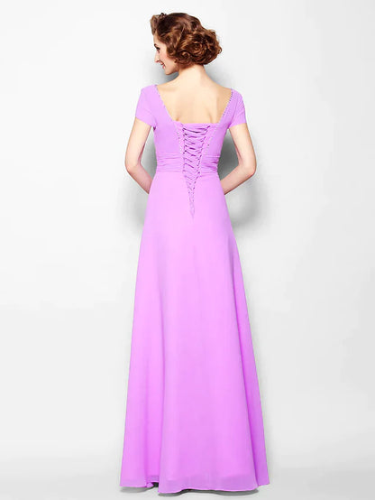 A-Line Mother of the Bride Dress Lace Up Square Neck Floor Length Georgette Short Sleeve with Ruched Beading