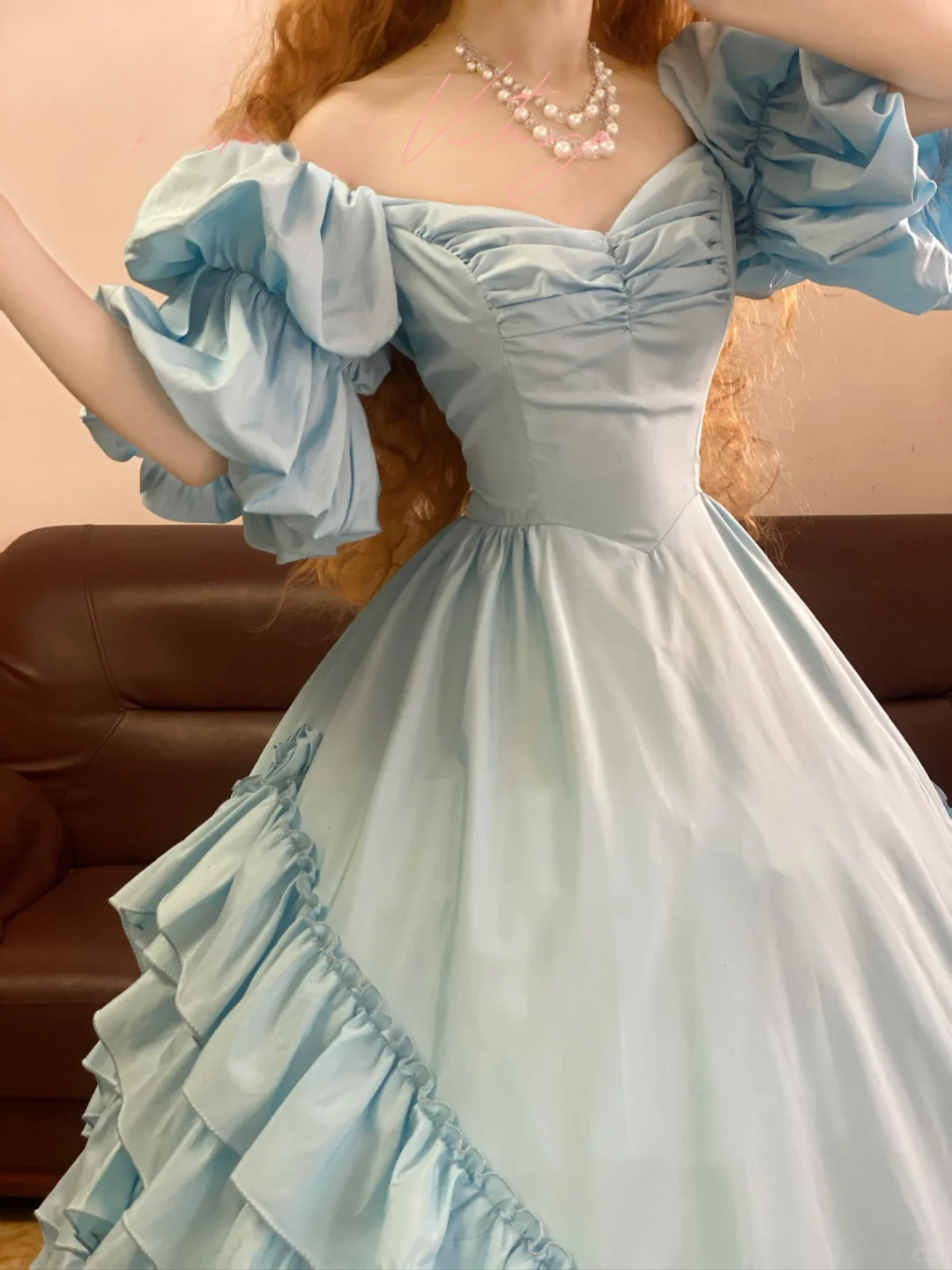 Vintage Blue Ball Gown Layered Satin Prom Dress 16th Birthday Dresses