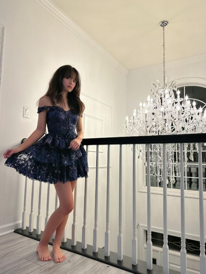 Sexy Off The Shoulder Tulle Lace Layered Homecoming Dress,Navy Blue Short Prom Dress cc2549
