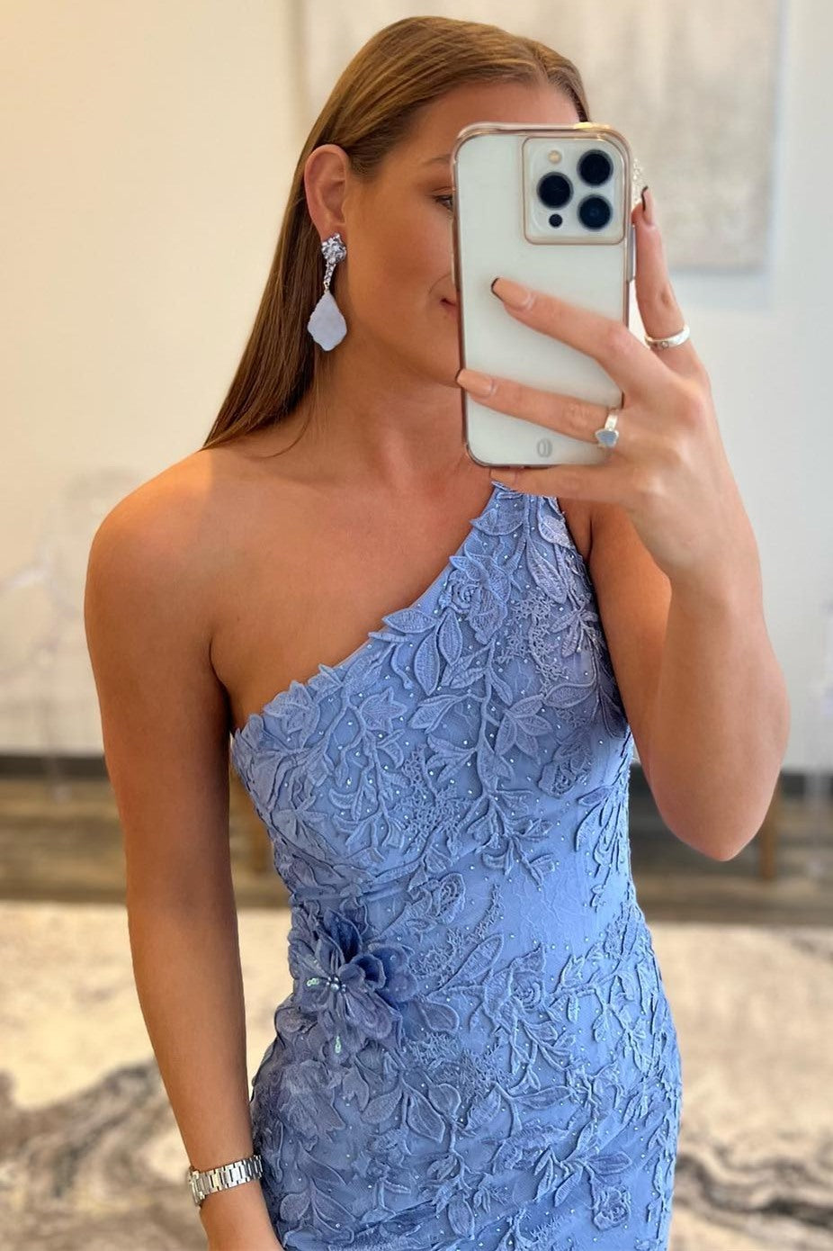 One-Shoulder Periwinkle Applique Long Formal Dress with Slit