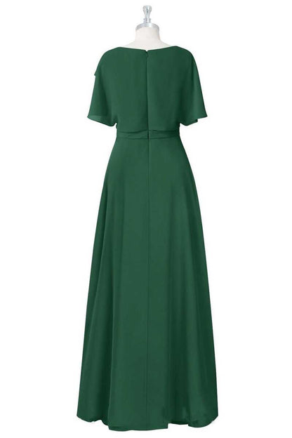Green Crew Neck Short Sleeve Ruffled A-Line Bridesmaid Dress