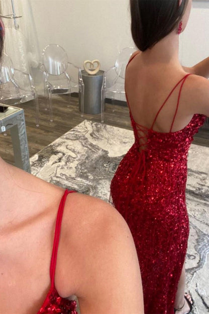 Spaghetti Straps Sequins V-Neck Fringe Mermaid Long Formal Dress with Slit