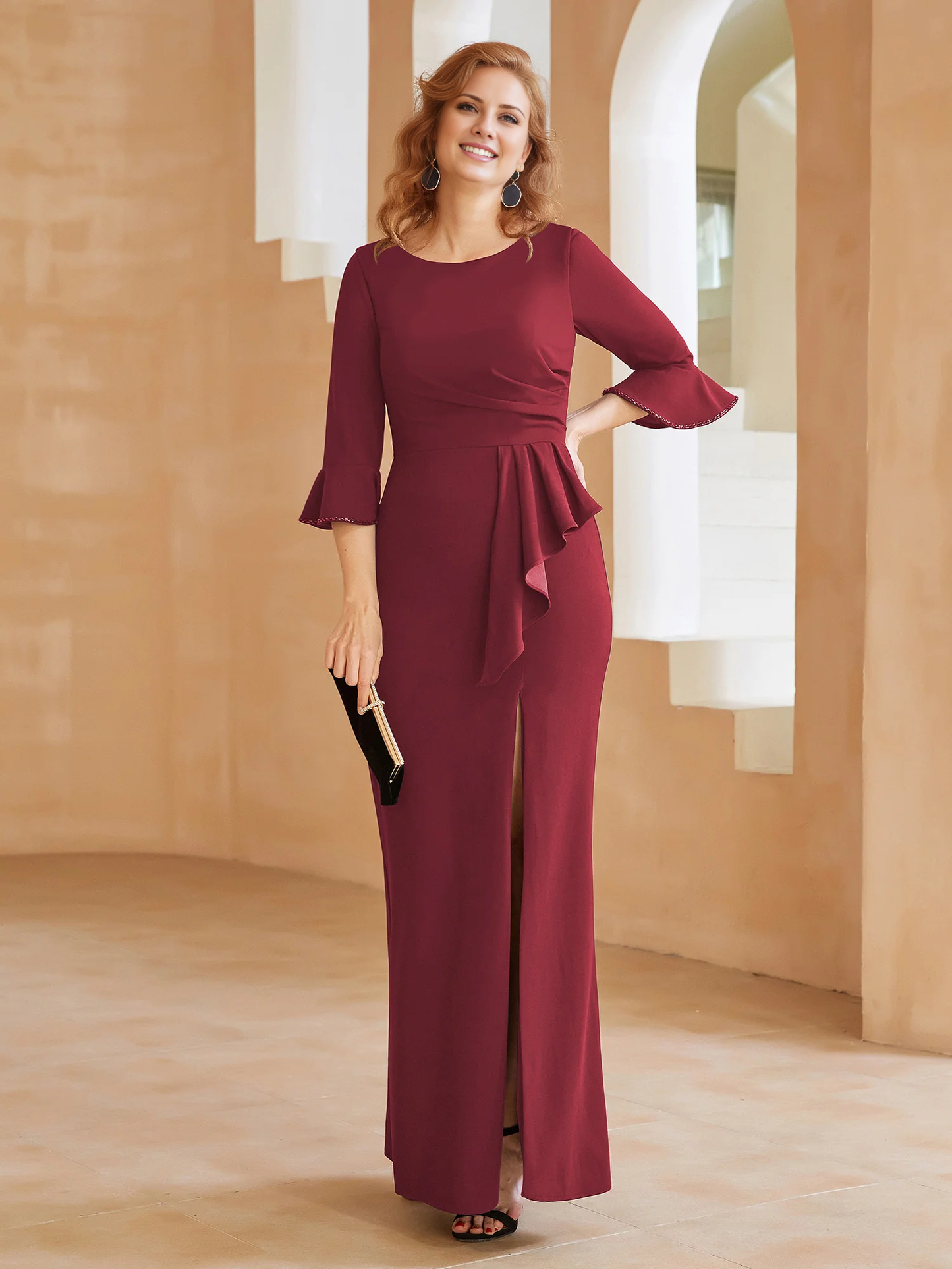 Spoon ruffled edge tight fitting half sleeve slit mother of the bride dress
