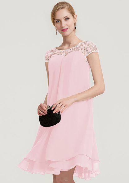 A-linePrincess Bateau Short Sleeve Knee-Length Chiffon Mother of the Bride Dress With Beading Ruffles Short