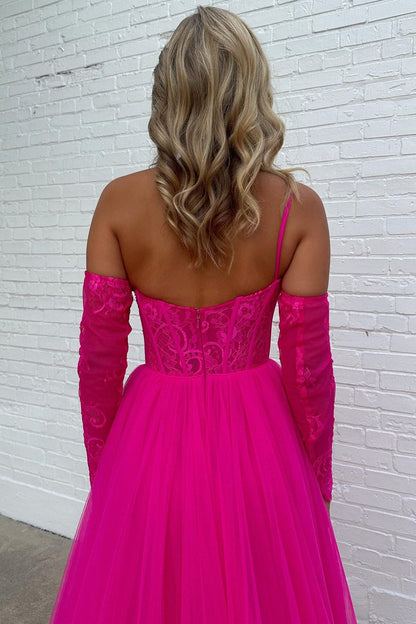 Fuchsia Lace One-Shoulder A-Line Formal Dress with Detachable Sleeves