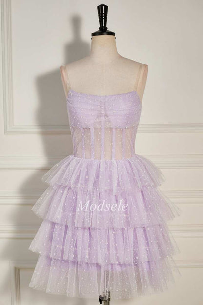 Lilac Tulle Strapless Tiered Short Homecoming Dress with Ruffles