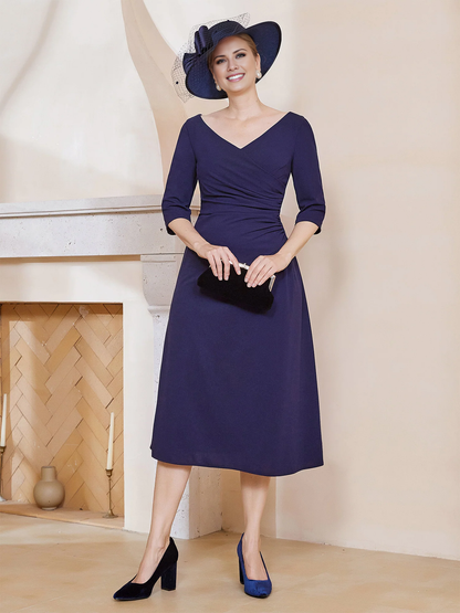 V-neck pleated A-line mother of the bride dress