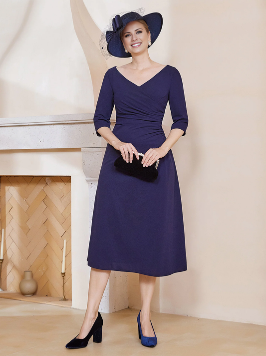 V-neck pleated A-line mother of the bride dress