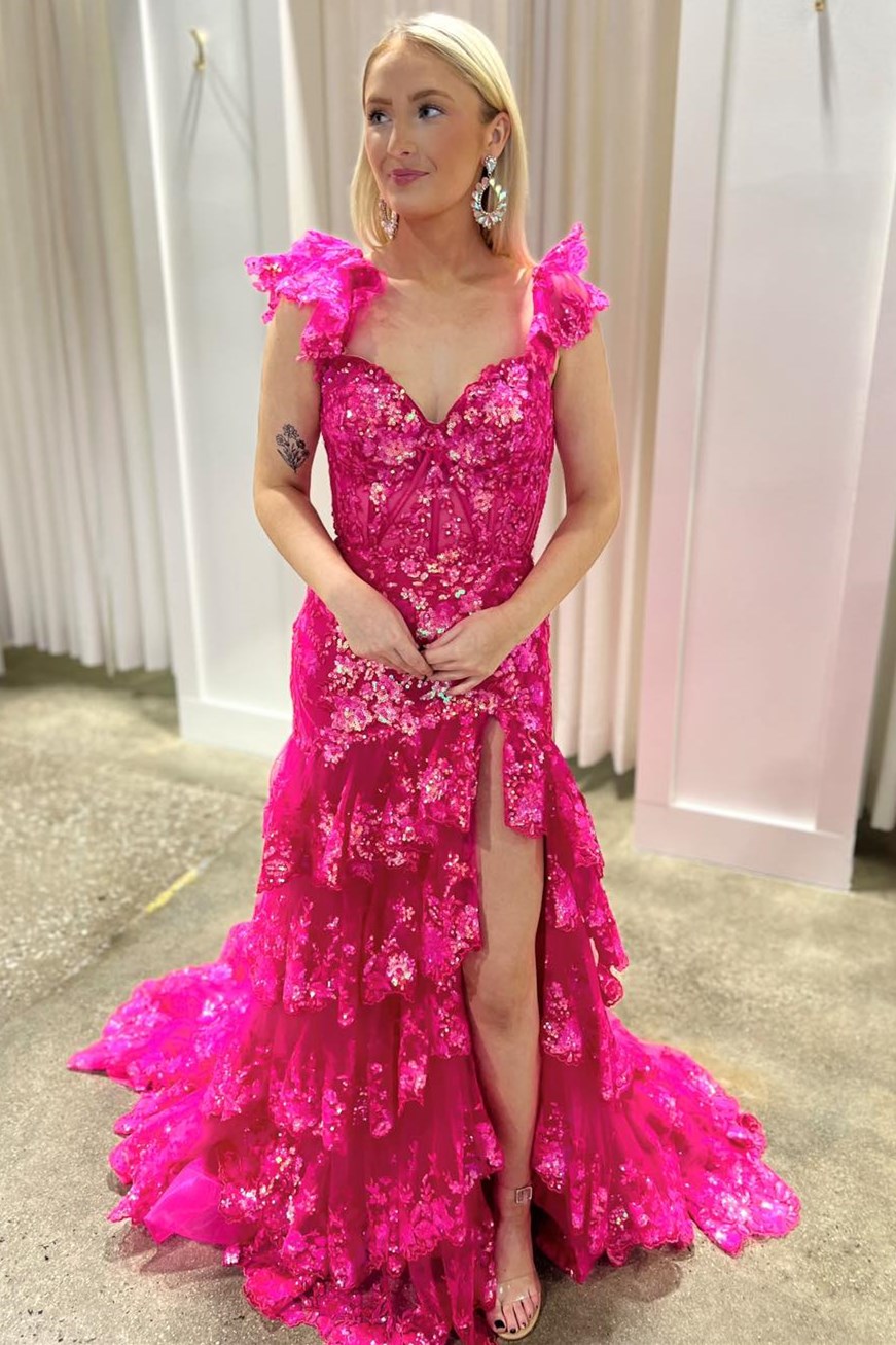 Red Sequin-Embroidery Off-the-Shoulder Tiered Long Prom Dress with Slit