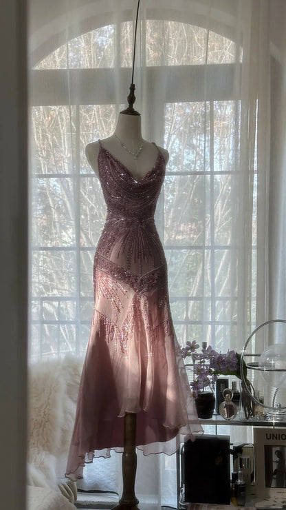 Pink  Romantic Fashion Elegant Exquisite Beaded Spaghetti Strap Long Tulle Chiffon Ruffle Ball Gown Evening Gown Party Dress gh4059