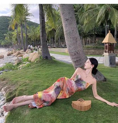 Simple New Painting Style Floral Design Elegant Beach Holiday Spaghetti Strap Dress HZ1024