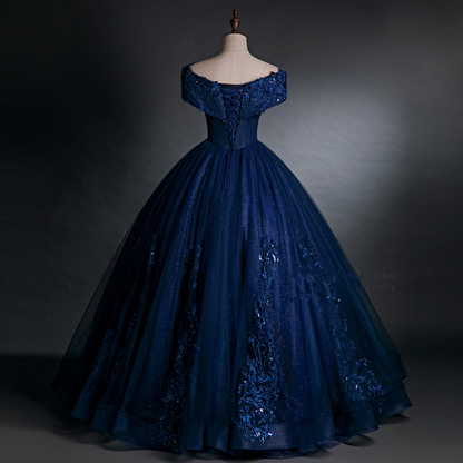 Beautiful Navy Blue Sequins Appliques Beading Quinceanera Dress Sweet 16 Ball Gown cc1696