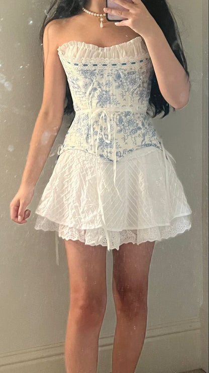 girlhomeshops-- Blue floral elegant short chiffon homecoming dress for girls garden party dress blue and white porcelain gh5721
