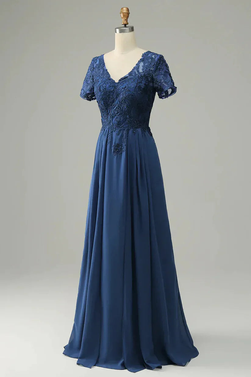 A-Line Applique Short Sleeve Mother of the Bride Dress