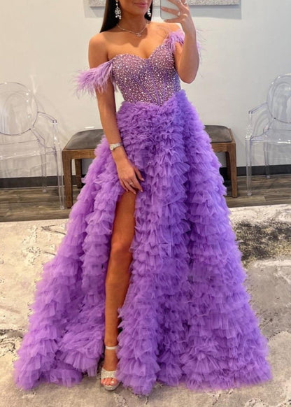 Astrid |A Line Off the Shoulder Tiered Tulle Prom Dress With Slit