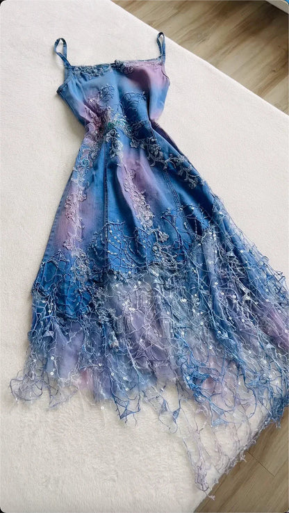 Vintage Blue Denim Sequin Applique Prom Dress A-Line Spaghetti Strap Evening Dress Long Formal Dress HZ1024