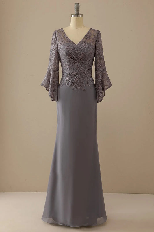 V-neck lace grey long sleeved bridal mother dress