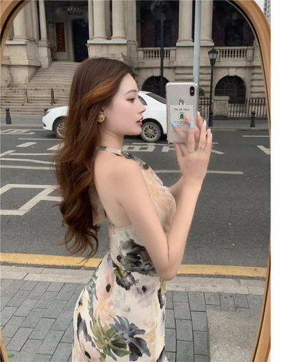 Stylish Elegant V-neck Floral Design Slim Halter Dress HZ1024