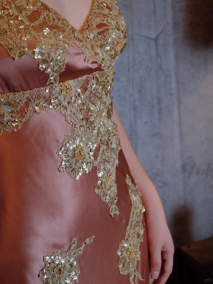 Vintage Champagne Sparkling Beaded Spaghetti Strap Design Elegant Satin Evening Dress Prom Dress HZ1024