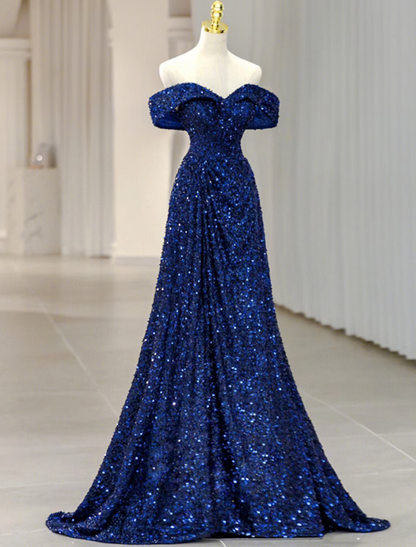A-Line Evening Gown Sparkle Shine Dress Formal Sleeveless Off Shoulder Sequined with Glitter