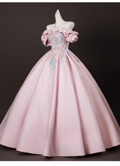 Elegant Pink Satin Applique Sweet 16 Quinceanera A-Line Off-the-shoulder Evening Dress Long Ball Gown HZ1024