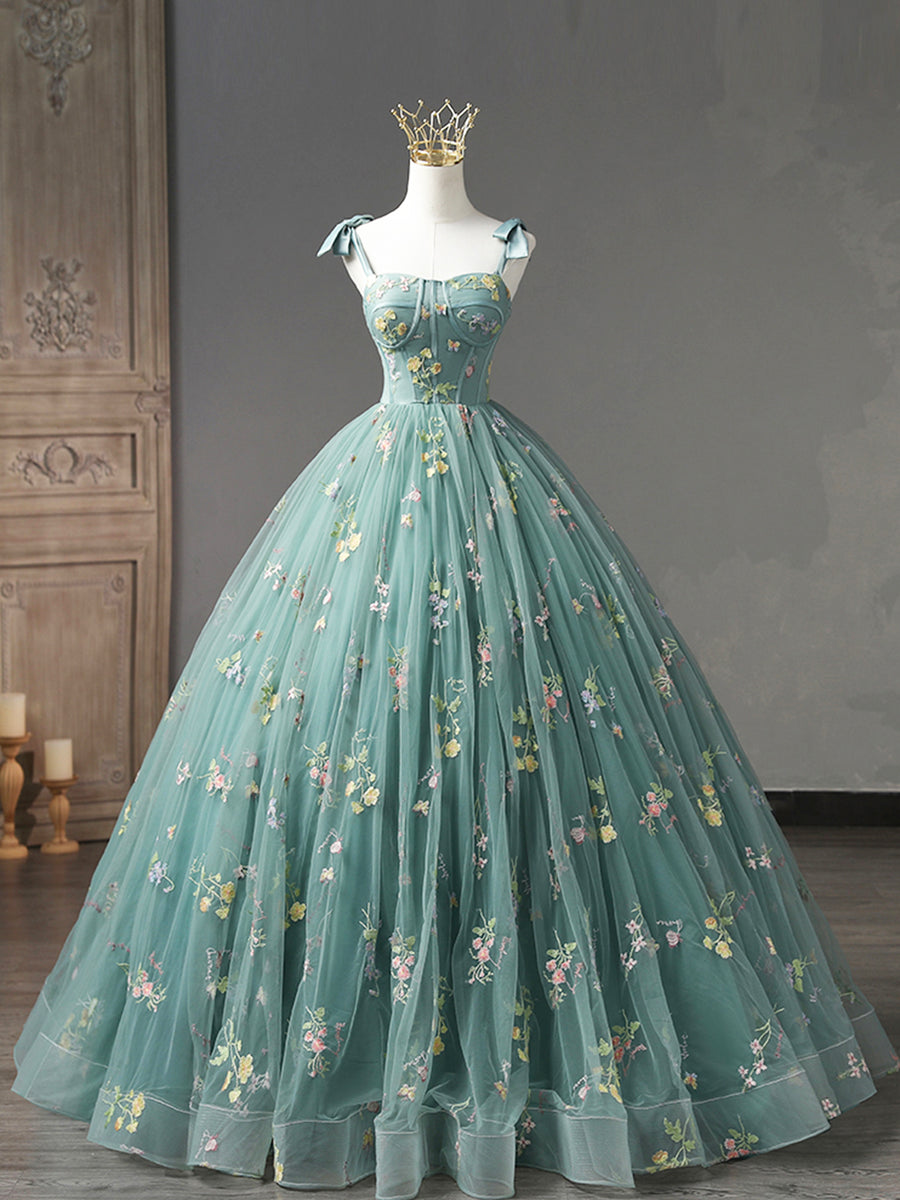 Green Floral Tulle Long Prom Dress Cute Off Shoulder Evening Party Dress Beautiful