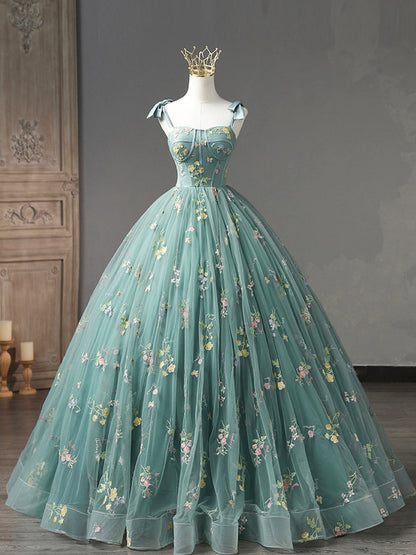 Green Floral Tulle Long Prom Dress Cute Off Shoulder Evening Party Dress Beautiful
