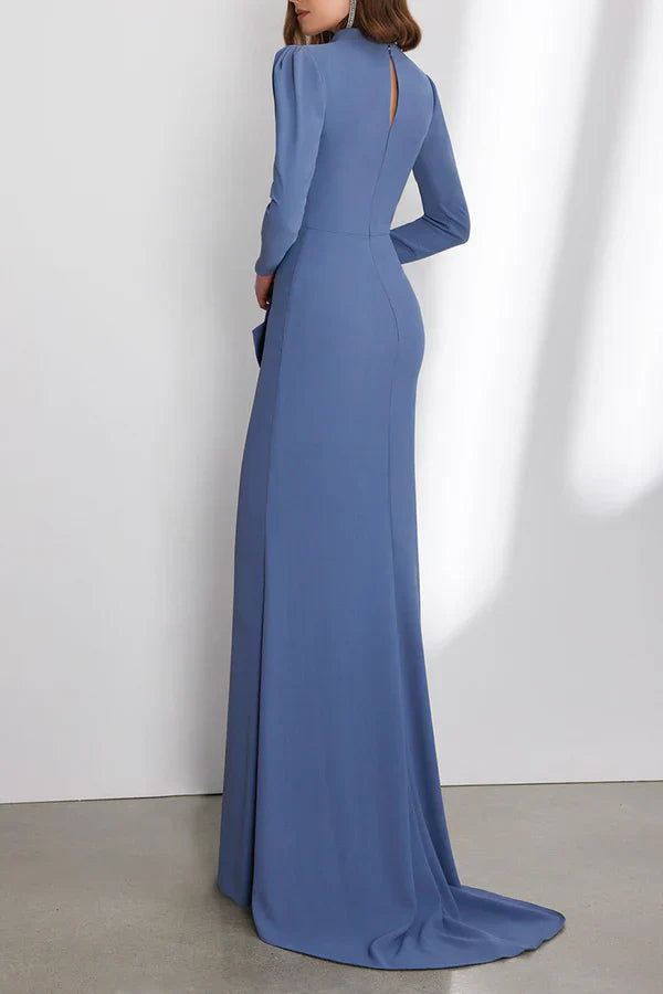 Elegant and luxurious V-neck long sleeved pleats with ruffled edges mother of the bride dress