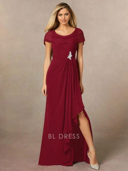 A-Line V-Neck Short Sleeves Pleated Floor-Length Wedding Guest Dresses Chiffon Mother of the Bride Dresse