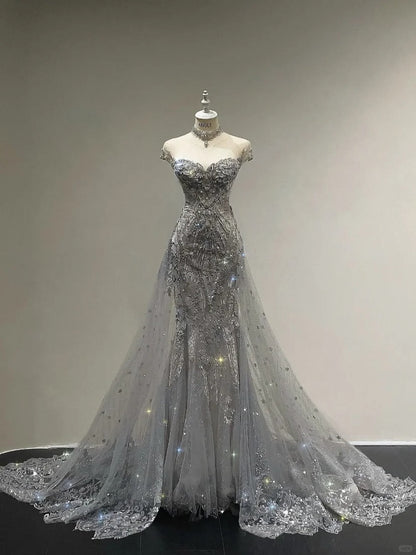 Luxurious And Sparkling Silver Mermaid Off-shoulder Beaded Train Wedding Dress cc5283