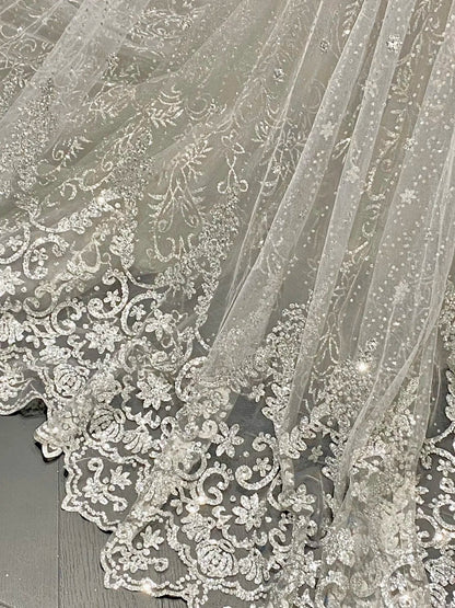 Luxurious And Sparkling Silver Mermaid Off-shoulder Beaded Train Wedding Dress cc5283